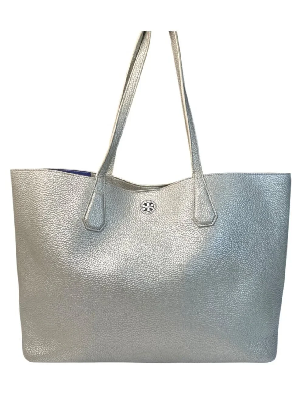 Tory Burch Metallic Silver Leather Tote Bag W/Blue Interior & Pocketed Design